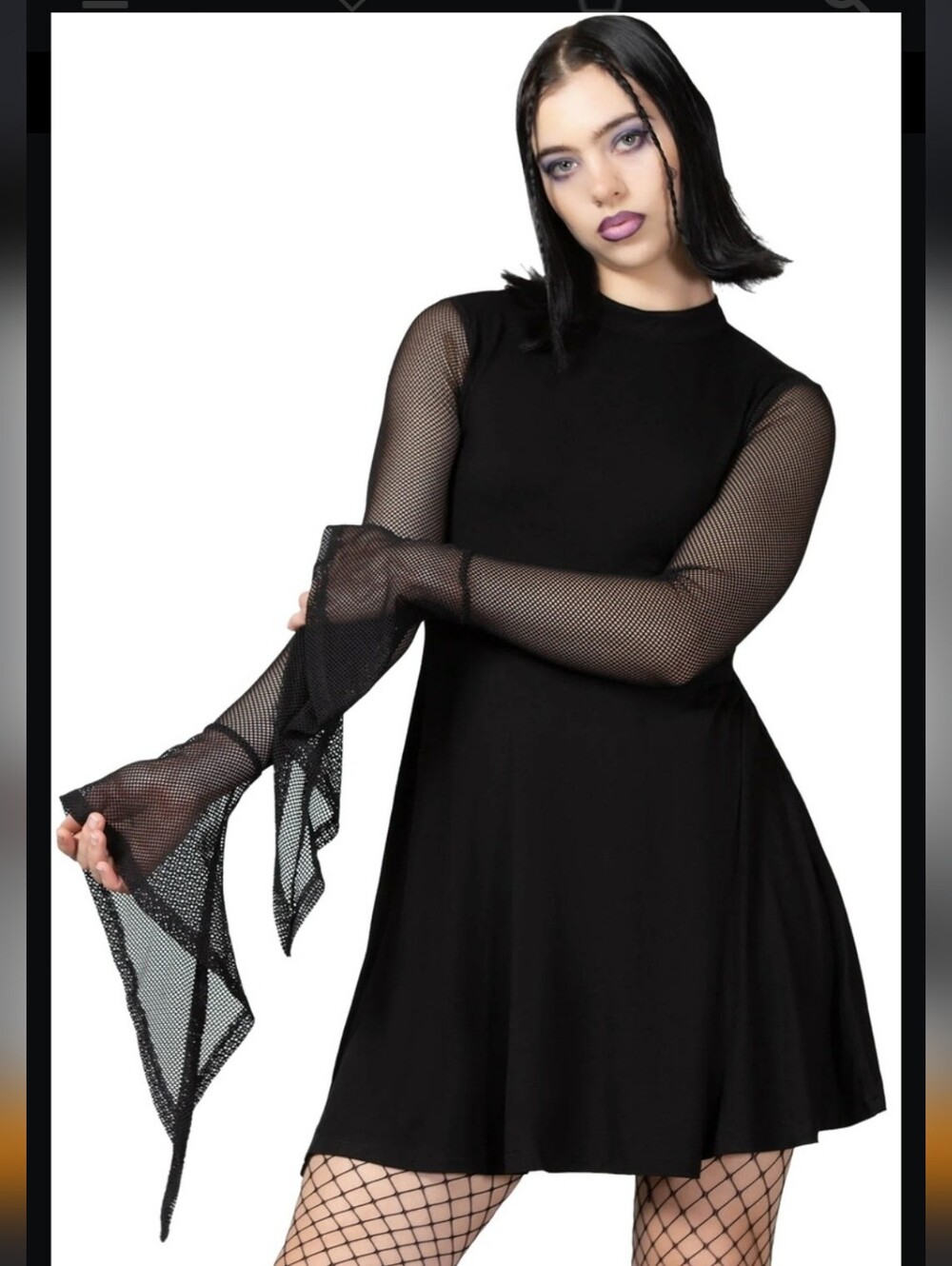 Killstar Black Mesh Sleeve Flared-Cuff A-Line Dress